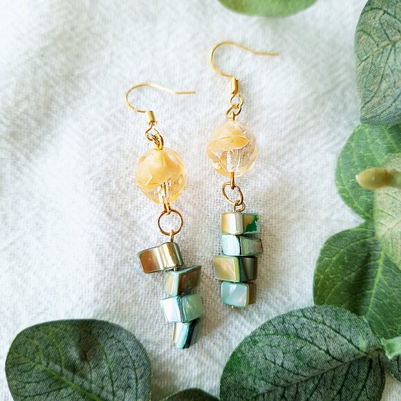 Handmade Mother of Pearl Earrings – Boho Chic Gold Dangle, Coastal Cowgirl - Picture 5 of 7